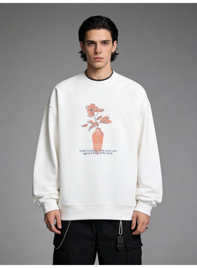 بيإم إنس BM INS Off-White "Vase & Floral" Watercolor Oversized Crew Neck Sweatshirt | Unisex Pullover With "Youth is a thing of the heart" Slogan - Image 5